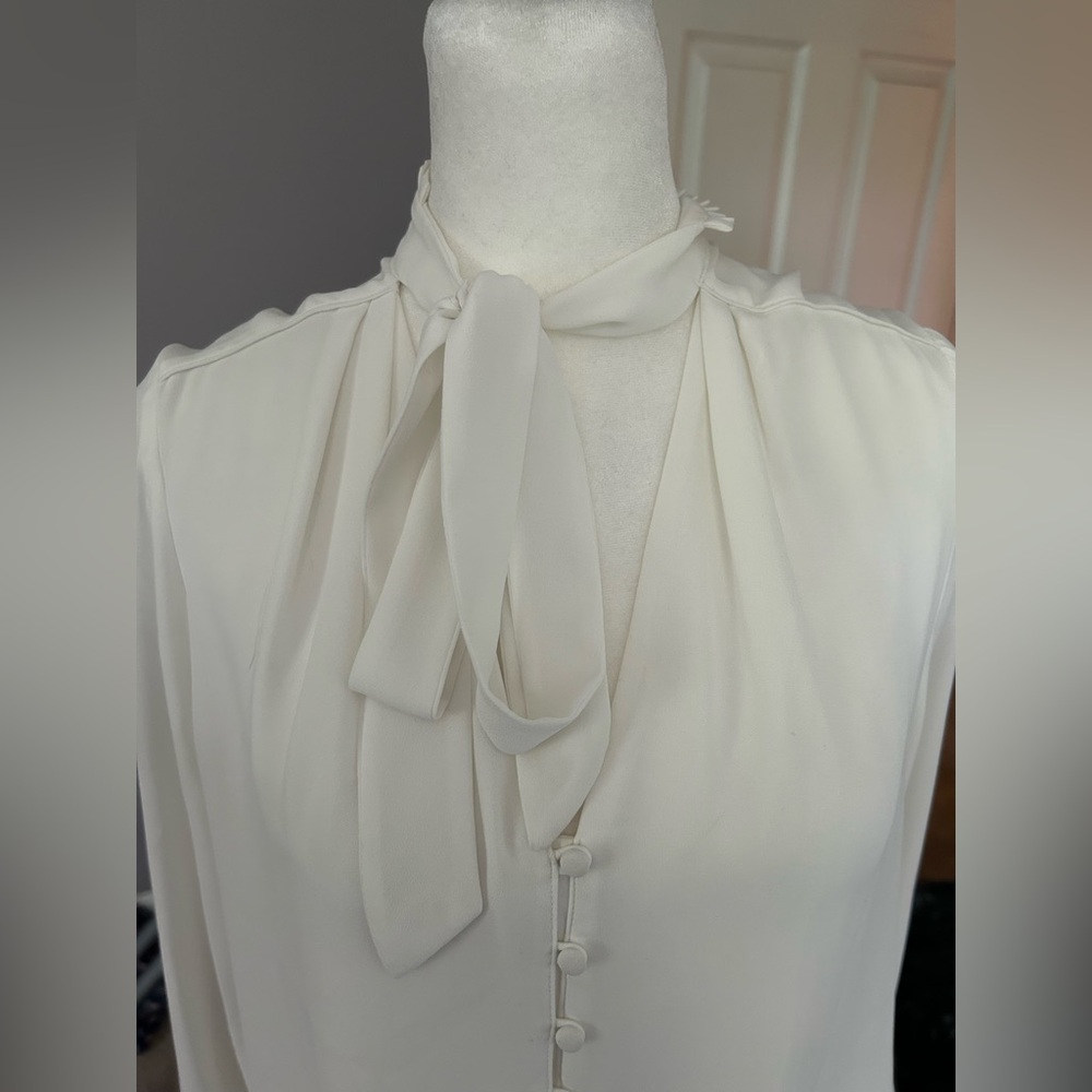 White House Black Market Cream Long Sleeve Tie Front Blouse - Picture 5 of 8